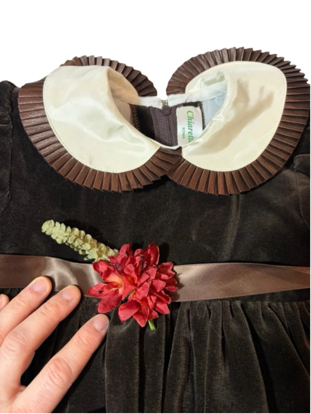 Chiaretta G Roma Velvet Dress Brown Cream Peter Pan Collar Pageant Holiday